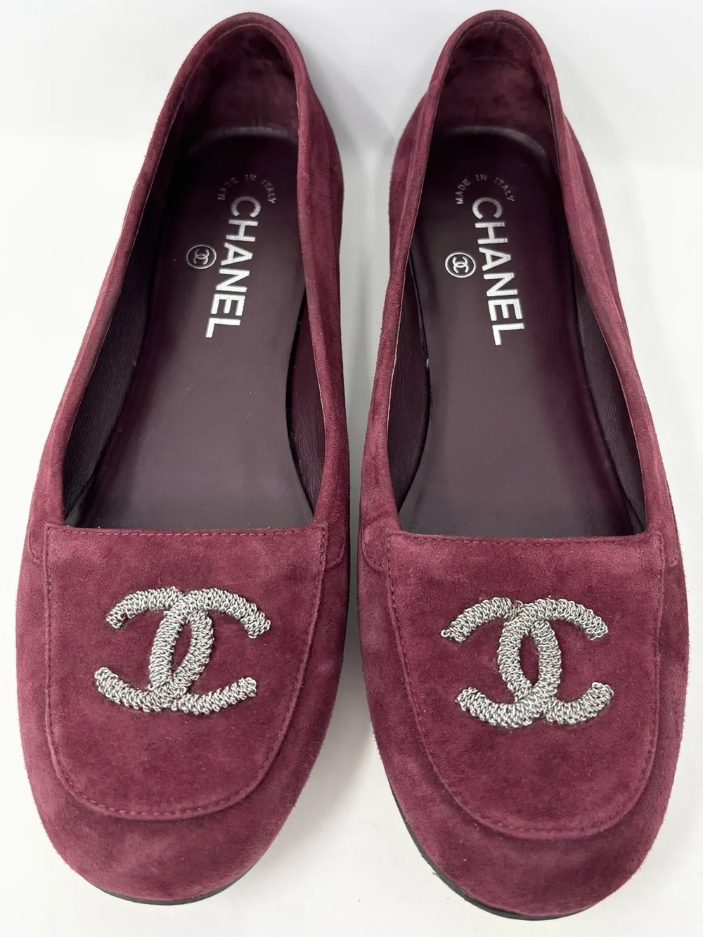 Chanel CC Logo Suede Loafers Burgundy Size 37 Size US 7